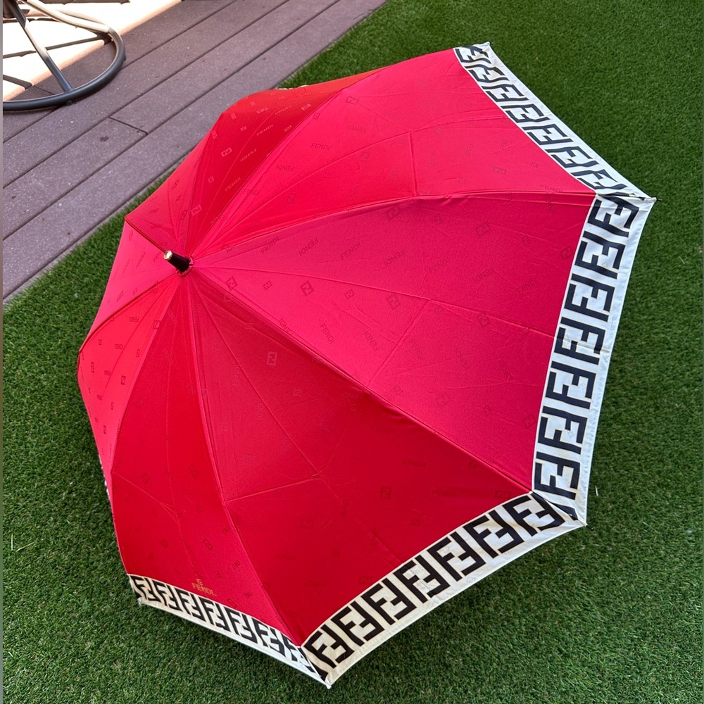 Fendi Red Umbrella w Monogram Border and case- easy to open excellent condition!